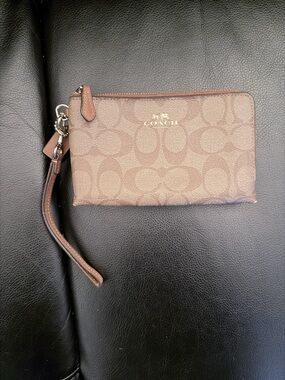 Coach Double Zip Wristlet Brown Signature Canvas Wallet Clutch Monogram Read